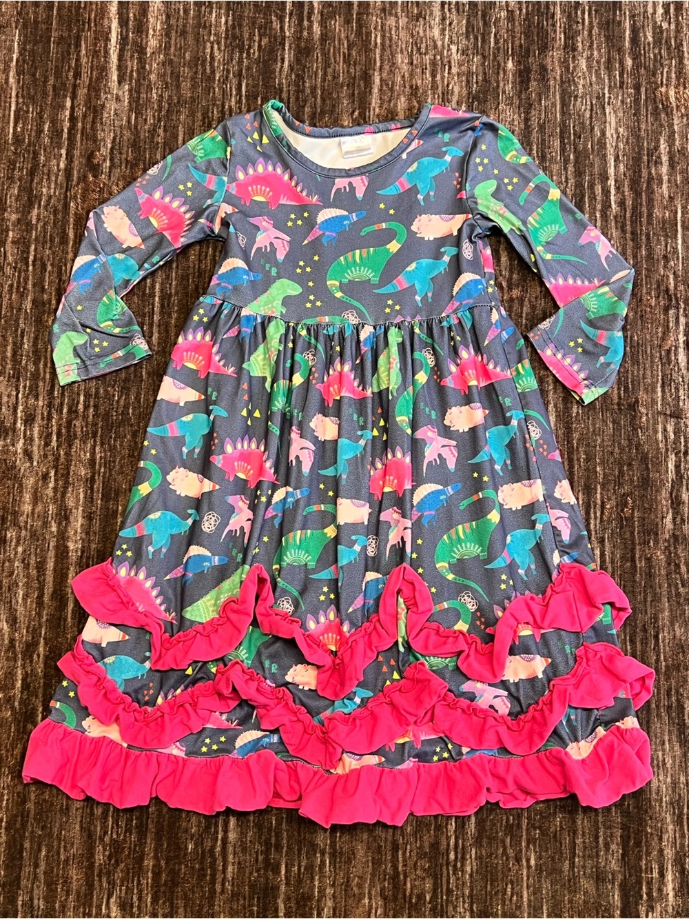 Girls Gray Dinosaur Ruffle Dress with Hot Pink Trim